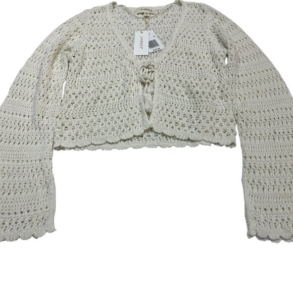 L Space Cardigan L White Crochet Open Knit Cropped Tie Front‎ Boho Hippie Beach - Picture 2 of 11